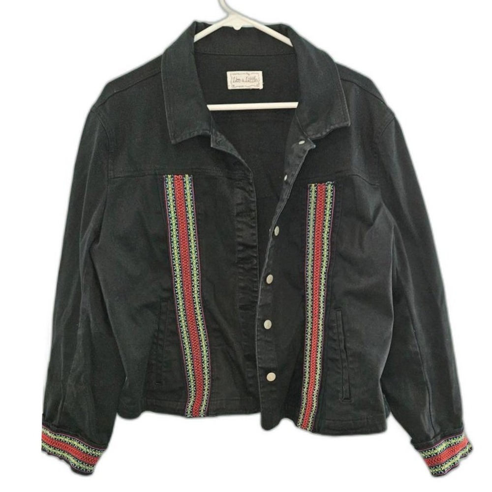 Live a Little Womens Black Lightweight‎ Jacket Embroidered Colorful Trim Boho